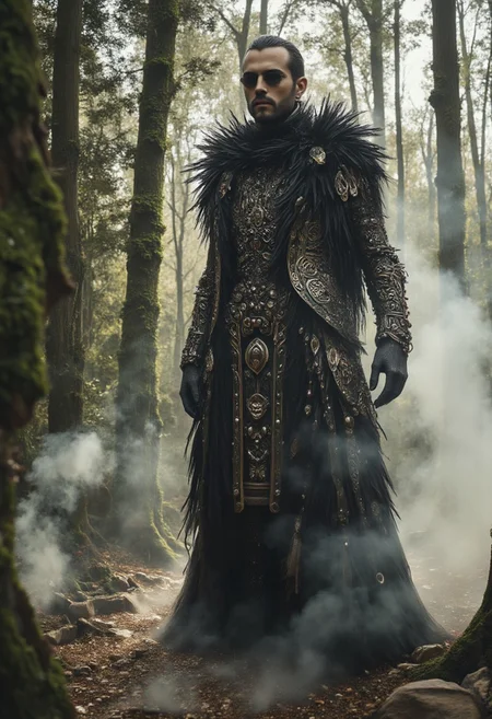 A photograph of a man standing in the middle of a forest, wearing a multi-layered outfit designed by Alexander McQueen. The lighting is lateral, casting dramatic shadows, and there is dry ice smoke close to the ground, enhancing the mystical atmosphere. The image should evoke the rich, ornate style of Dolce & Gabbana, with intricate patterns and textures that blend fashion with the enchanting natural surroundings. flashphoto, (Realistic:1.2). aidmaimageupgrader, aidmaMJ6.1, crystalz, Chiaroscuro Lighting Style, Covered in shadows , partially covered in shadows. Macrophoto, profesional photography