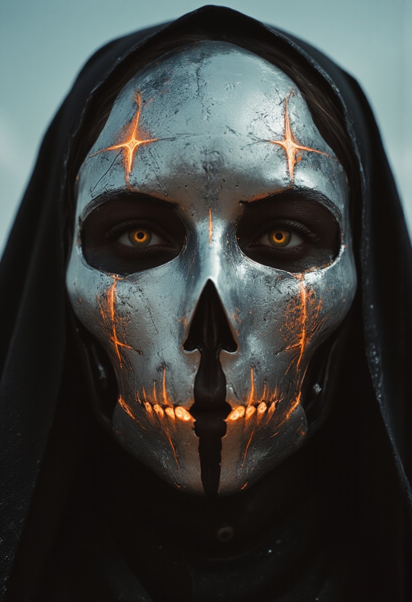 An extreme close-up of the nun’s face, framed by the intense, gritty realism of an old analog camera. The mechanical hknuns nun wears a detailed, ancient silver mask, its surface weathered and battle-scarred, yet intricately adorned with delicate engravings. The mask reflects the faint glow of divine energy, with radiant golden and white light flickering across its surface, highlighting every crevice and contour. Light shimmers and dances along the metallic surface, casting sharp contrasts between the glowing highlights and the deep shadows that fill the engraved details.
The eyes of the mask are hollow and eerie, yet there’s an ethereal light faintly pulsing from within, suggesting a divine power concealed behind the cold steel. Around her, the chaotic swirl of a dense, raging sandstorm blurs the edges of the image, creating an atmosphere of both serenity and violence. The violent storm is reflected in the shiny mask, capturing the dark, swirling sands while beams of holy light flicker from her weapon, illuminating her haunting presence in the middle of the storm.