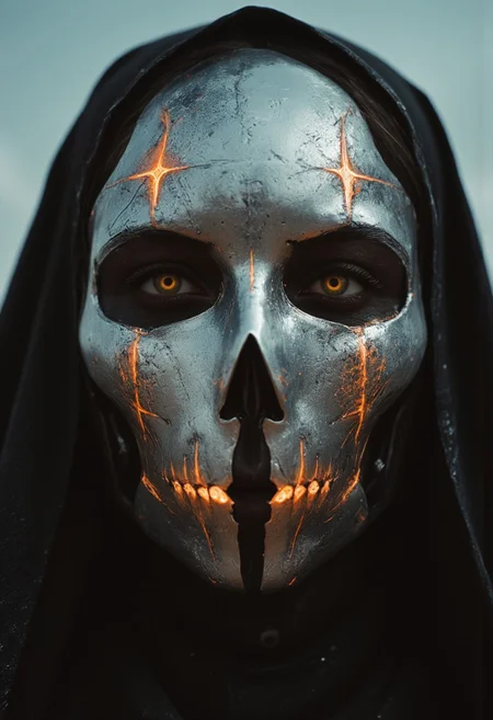 An extreme close-up of the nun’s face, framed by the intense, gritty realism of an old analog camera. The mechanical hknuns nun wears a detailed, ancient silver mask, its surface weathered and battle-scarred, yet intricately adorned with delicate engravings. The mask reflects the faint glow of divine energy, with radiant golden and white light flickering across its surface, highlighting every crevice and contour. Light shimmers and dances along the metallic surface, casting sharp contrasts between the glowing highlights and the deep shadows that fill the engraved details.
The eyes of the mask are hollow and eerie, yet there’s an ethereal light faintly pulsing from within, suggesting a divine power concealed behind the cold steel. Around her, the chaotic swirl of a dense, raging sandstorm blurs the edges of the image, creating an atmosphere of both serenity and violence. The violent storm is reflected in the shiny mask, capturing the dark, swirling sands while beams of holy light flicker from her weapon, illuminating her haunting presence in the middle of the storm.