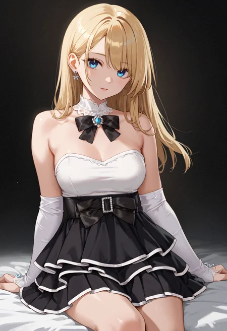 score_9,score_8_up,score_7_up,score_6_up,masterpiece,best quality,amazing quality,very aesthetic,high resolution,ultra-detailed,absurdres,dark background,1girl,sitting,looking_at_viewer,medium breasts,blonde hair,blue eyes,high-waist skirt,frilled skirt,pleated skirt,white trim,black skirt,bare shoulders,white top,strapless dress,detached sleeves,elbow gloves,white gloves,black bow,<lora:MyTrainings\Temp\White_Top_Black_Frilled_Skirt_Pony_Pony_ARZUMATA\White_Top_Black_Frilled_Skirt_Pony_Pony_ARZUMATA.safetensors:0.7>