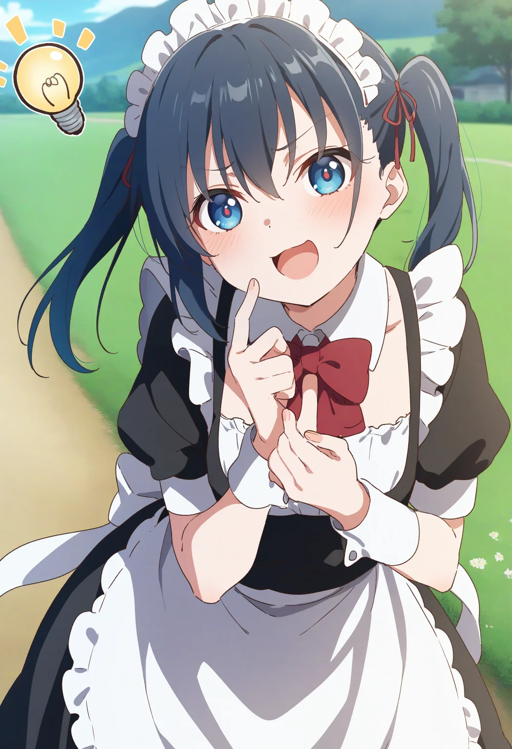 1girl,sincos, ningen mame, toosaka asagi,solo,medium breasts,20yo,maid,maid headdress,
Idea Light Bulb,<lora:Idealightbulb_XL_v1:0.8>
blue hair, silver eyes,smug, countryside, open mouth, short twintails hair,,
best quality, very aesthetic, absurdres