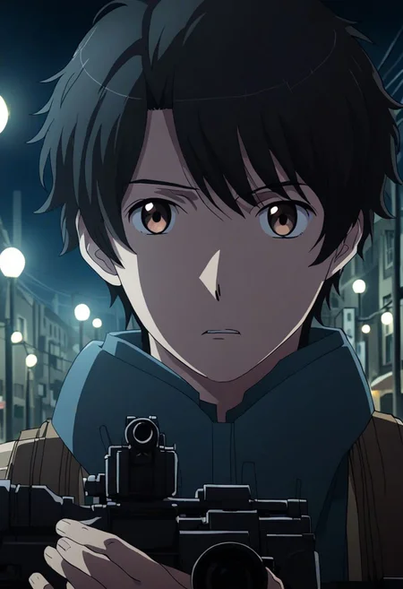 high resolution, solo, best quality, 1Boy, Inaho Kaizuka, Black Hair, Brown Eyes, potrait, midnight, dim street lights, mysterious, threatening, weapon, aiming the weapon to the viewer, OverallDetail