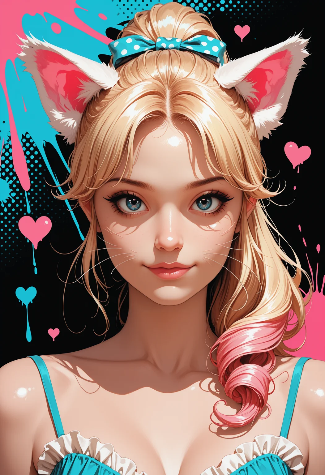 masterpiece, high_quality, highres, sharp_focus, detailed_eyes, looking_at_viewer, cutely, long_lashes, retro, realistic_body, age_24, solo, portrait, Secondary_Colors, pastel_accents,
big_smile,
woman, blue_eyes, pink_hair, blonde_hair, curly_ponytail, modern, fluffy_ears, whiskers, ruffled_blouse, polka_dot, hair_ribbon,
darkness, dim, shadows, detailed_hands, elegant_fingers,
Splatter, Halftone_background, hearts, over-the-shoulder