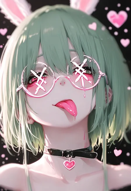 1girl, tongue out, tongue, solo, animal ears, rabbit ears, choker, glasses, round eyewear, green hair, short hair, looking at viewer, hair between eyes, portrait, heart, blurry, bangs, :p, black choker <lora:748cmXL_NBVP1_lokr_V6311P:0.95>