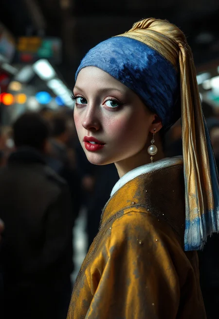 Vermeer's classic painting entitled Girl with Pearl Earring, transparent lace clothes,crowded subway on background,(masterpiece) (beautiful composition) (Fuji film), dlsr, highres, high resolution, intricately detailed, (hyperrealistic oil painting:0.77), 4k, highly detailed face, highly detailed skin, volumetric lighting dynamic lighting, Caravaggio lighting