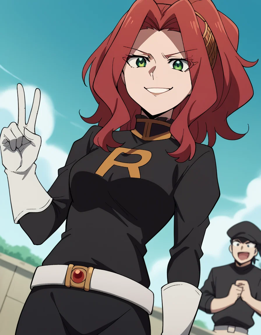 score_9, score_8_up, score_7_up, source_anime, <lora:malty-melromarc-s1s2s3-ponyxl-lora-nochekaiser:1>, malty melromarc, long hair, green eyes, red hair, parted bangs, ponytail, medium breasts, <lora:team-rocket-uniform-ponyxl-lora-nochekaiser:1>, team rocket uniform, black hat, black shirt, black skirt, white belt, white gloves, single letter,, smile, smug, v, outdoors,, , dutch angle, cowboy shot