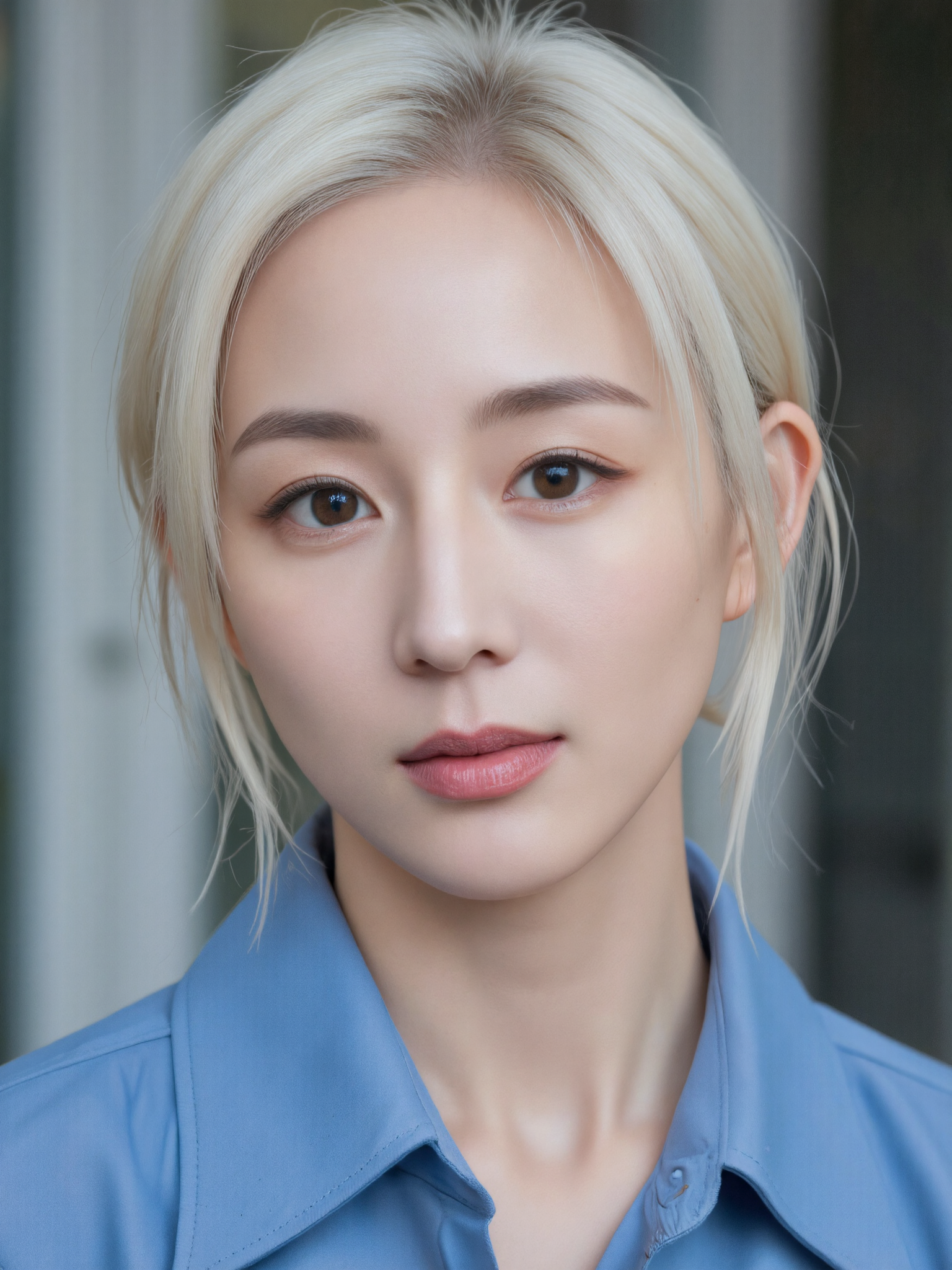 a woman, white hair, blue shirt, light smile, portrait, blurred background