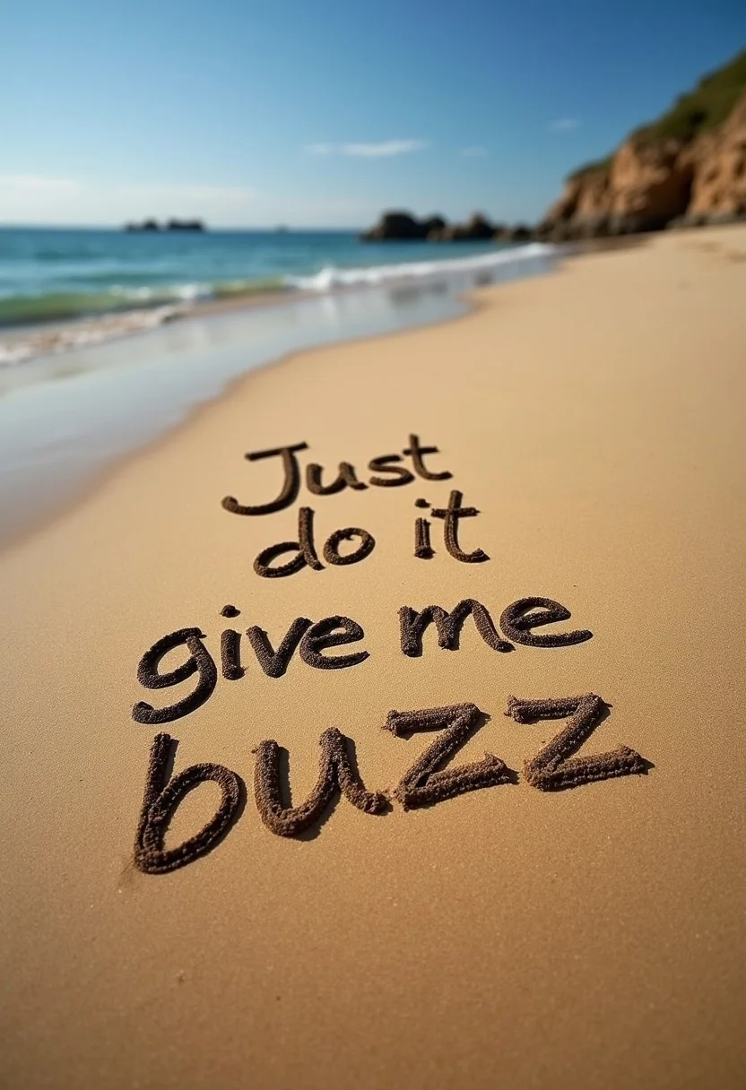 Sand writing text, sing on sand "Just do it" and below that is sing "give me buzz". Here is to phrasis "just do it, give me buzz".