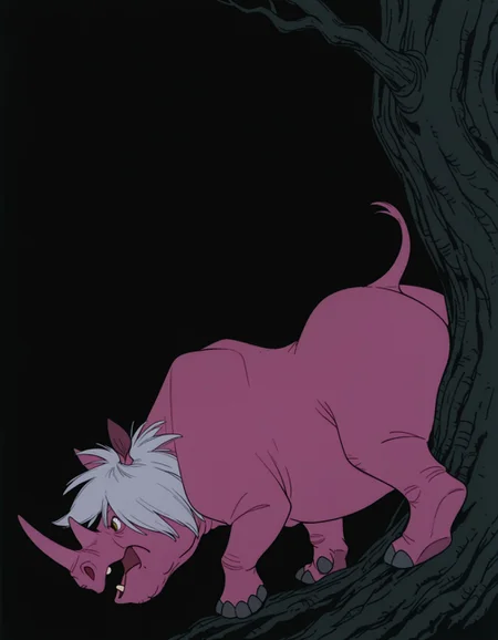 smooth quality, masterpiece, very intricate, high quality details, ultra realistic, high detailed skin, detailed environment, absurdres, solo, (simple background, black background), color drain, erosrhinocerosmadammim, rhino, animal, pink skin, grey hair, tree, ((from behind))
