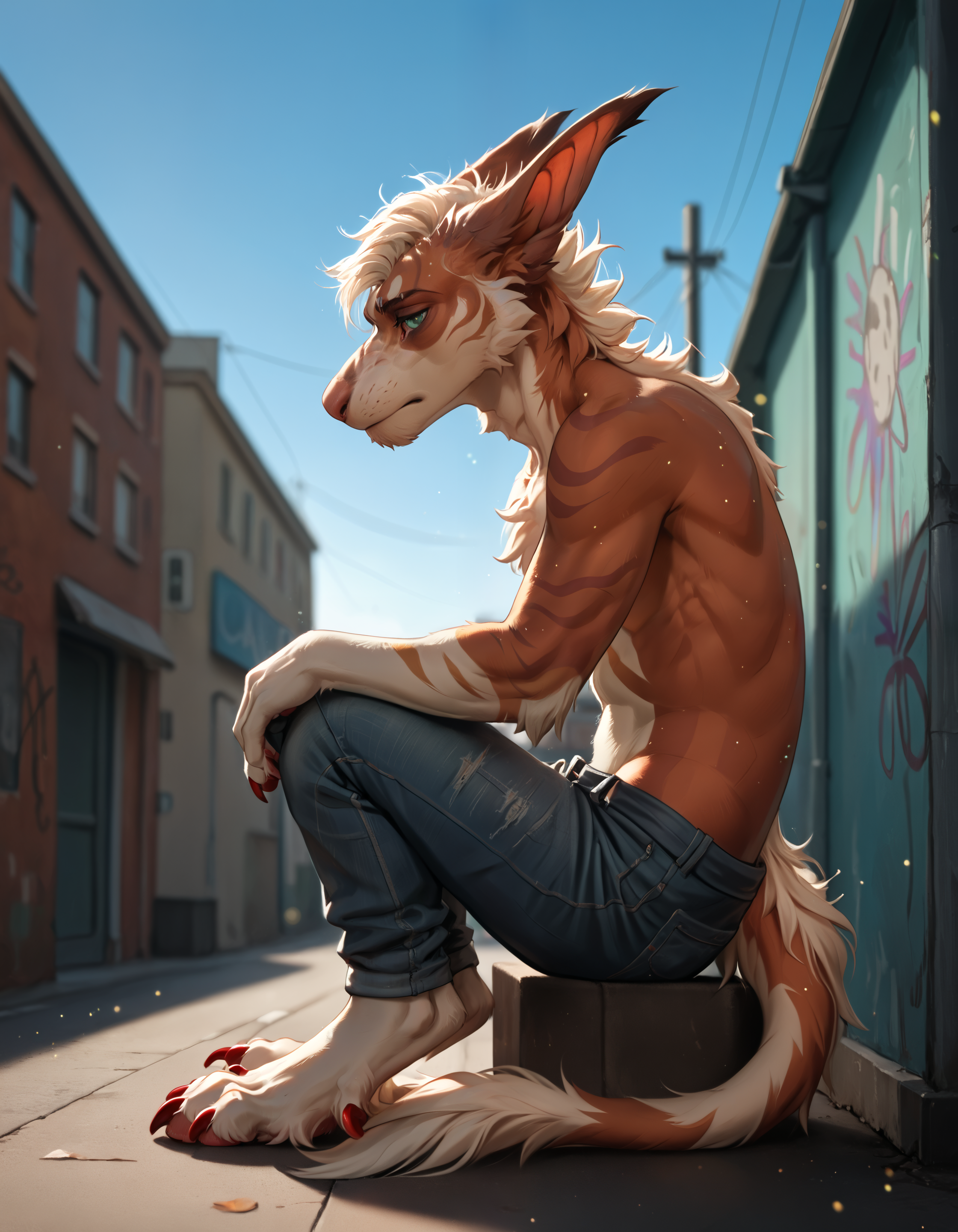 score_9, score_8_up, score_7_up, rating_safe, sfw, source_furry, depth of field, detailed, urban, detailed background, ray tracing, cinematic lighting, particles, graffiti, reflections, decals, masterpiece, best quality, ultra realistic, <lora:pony good hands.safetensors:1.0>, <lora:sinfully_stylish_SDXL.safetensors:1.0>,  embedding:zPDXL3 BREAK <lora:Vernid_Species.safetensors:1.0>, vernid, furry, 1boy, solo, male, tail, anthro, animal ears, claws, fluffy, tuft, tail tuft, digitigrade, barefoot, biped, scalie, close up, looking at viewer, white body, white fur, (bottomwear, pants pull:1.1),  (from side, sitting, blue sky, cloudy, sad:1.15)