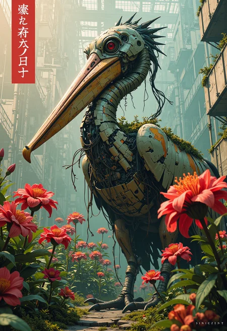 A dystopian photo of an impressive and colorful map of a stony gigantic mechanical pelican, surrounded by interesting amaryllis, an ancient mechanical guardian, dilapidated and abandoned, broken down and derelict, reclaimed by nature, with twisted vines and moss creeping through it. An abstract geometric gradient dapples the simple background. niji, soft lighting with dynamic highlights, Special Ink-drawing mode. Above the subject, written with a bold and futuristic font, we find the title: "FANTASY STYLER"., featuring bleached colors, an industrial atmosphere, and brutalist cold lighting. Muted tones, a smoky atmosphere, an institutional space, and mechanical elements create a bleak and unsettling scene. Shot on 35mm film with a bleach bypass process, the image has a desaturated color palette. <lora:FLUX_fantasy_Styler_2_64:0.8>