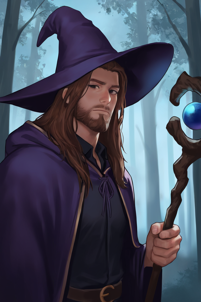 masterpiece, best quality, highres, newest, 1boy, solo, male focus, mature male, wizard, long hair, brown hair, black eyes, looking at viewer, hat, facial hair, beard, mustache, staff, wizard hat, purple hat, black shirt, collared shirt, robe, purple robe, hooded cloak, holding, holding staff, upper body, closed mouth, standing, outdoors, forest, nature, tree, fog, dark background <lora:NAI3 Smooth Boys [LoRA] - NoobAI-XL EPS 1.0:0.8>
