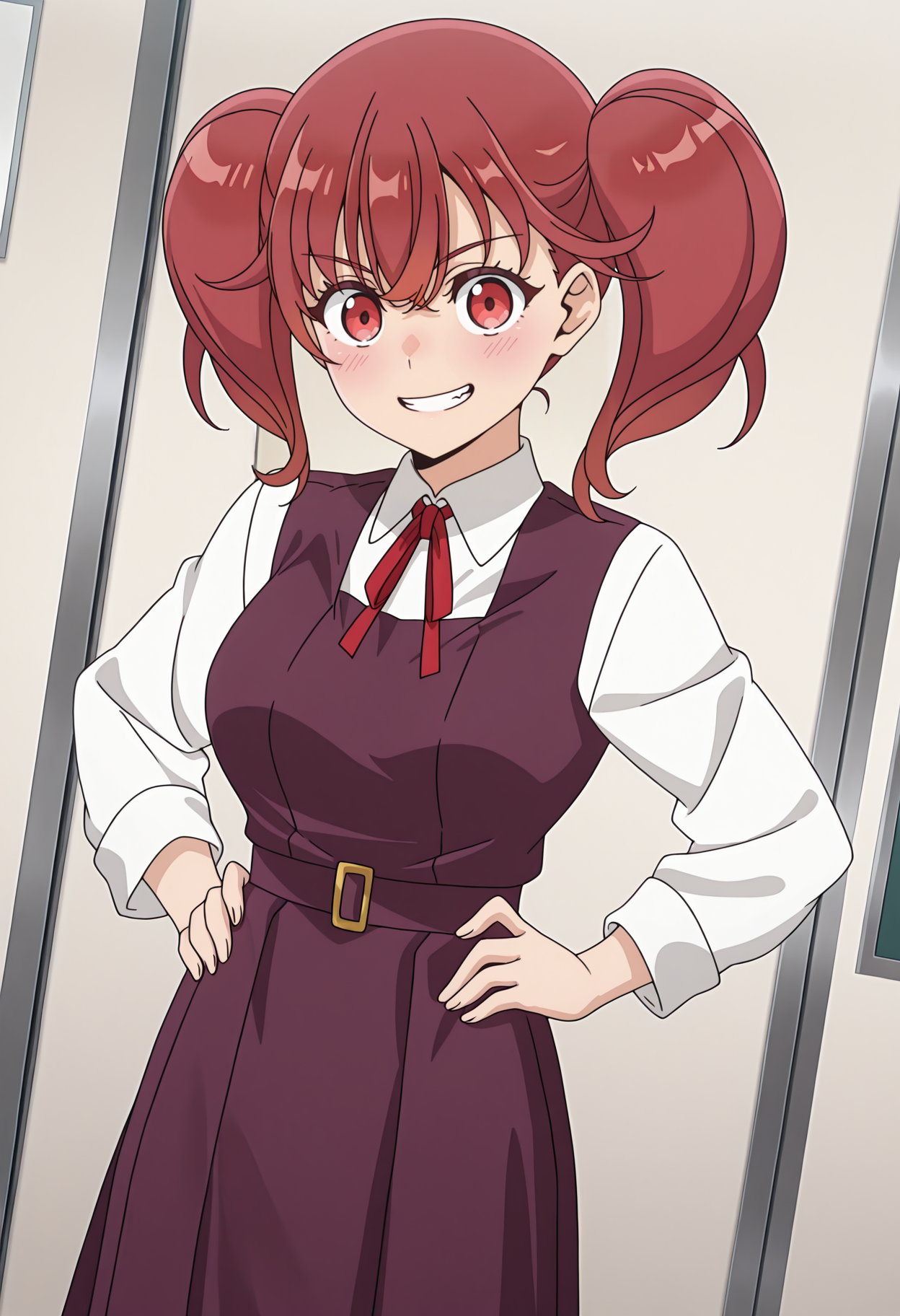 highres, best quality, masterpiece, indoors, school,
anime screencap,
1girl, solo, edmfkoma, twintails, red hair, red eyes,
school uniform, collared shirt, white shirt, red ribbon, long sleeves, brown dress, purple dress, pinafore dress,
looking at viewer, smile, teeth, blush,
standing, hands on own hips, dutch angle,
<lora:_koma_otaku_elf-elesico-ilxl:1>
