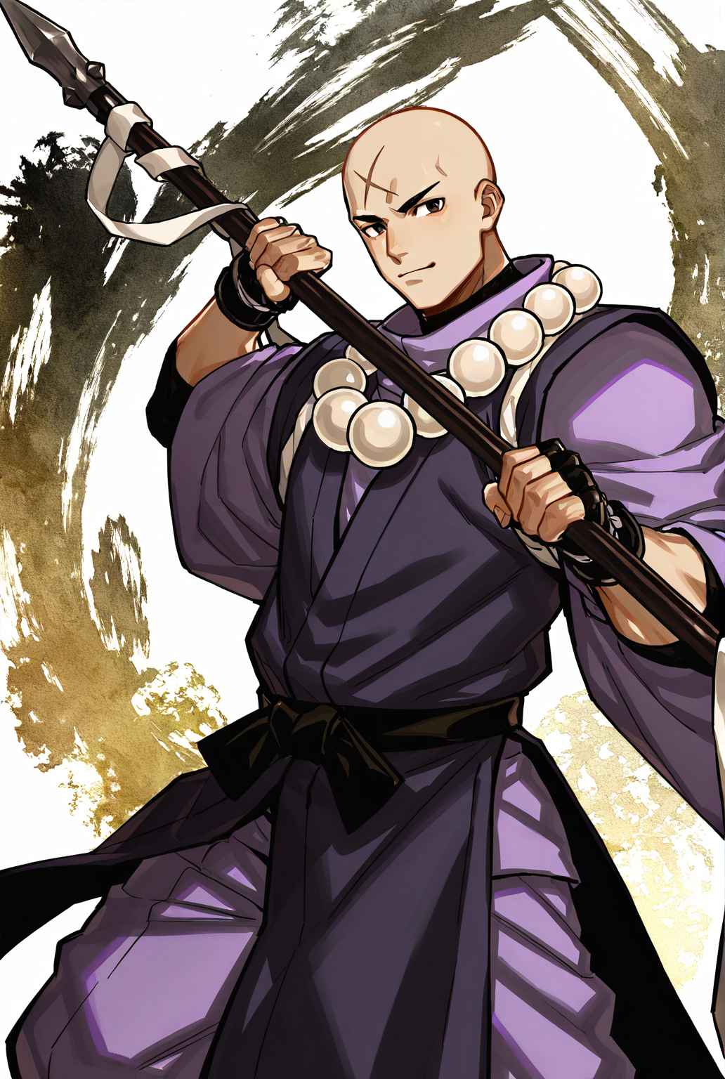 score_9,score_8_up,score_7_up,male focus,ultra-detailed,high resolution,digital painting,8k,1boy,solo,cowboy shot,bara,male focus,detailed face,bald,monk,beads,jewelry,necklace,japanese clothes,prayer beads,scar,scar on face,fingerless gloves,weapon,polearm,looking at viewer,<lora:add-detail-xl:1>,<lora:FGO Hozoin Inshun:0.7>,fgo hozoin inshun,<lora:League_of_Legends__illustrious-XL:0.5>,