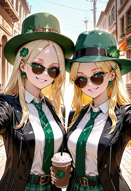 masterpiece, best quality,   ShamrockWorld, long hair, looking at viewer, smile, multiple girls, skirt, blonde hair, shirt, hair ornament, long sleeves, hat, holding, 2girls, jewelry, medium breasts, school uniform, green eyes, jacket, white shirt, upper body, earrings, outdoors, parted lips, open clothes, necktie, day, collared shirt, belt, grin, cup, lips, coat, black jacket, parted bangs, witch hat, piercing, sunglasses, forehead, pink lips, realistic, nose, green headwear, selfie, disposable cup, green nails, green necktie, eyebrow piercing, aviator sunglasses  ,<lora:ShamrockWorld_IXL:1.0>,