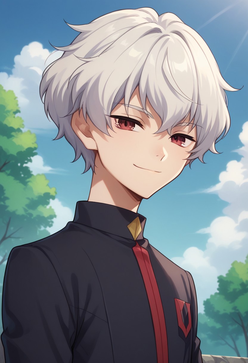 score_9, score_8_up, score_7_up, source_anime, highly detailed, 
lusia, 1boy, male focus, solo, school uniform, white hair, smile, red eyes, looking at viewer, short hair, black jacket, long sleeves, upper body,
outdoor, sky, clouds, tree