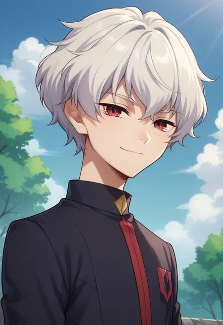 score_9, score_8_up, score_7_up, source_anime, highly detailed,
lusia, 1boy, male focus, solo, school uniform, white hair, smile, red eyes, looking at viewer, short hair, black jacket, long sleeves, upper body,
outdoor, sky, clouds, tree
