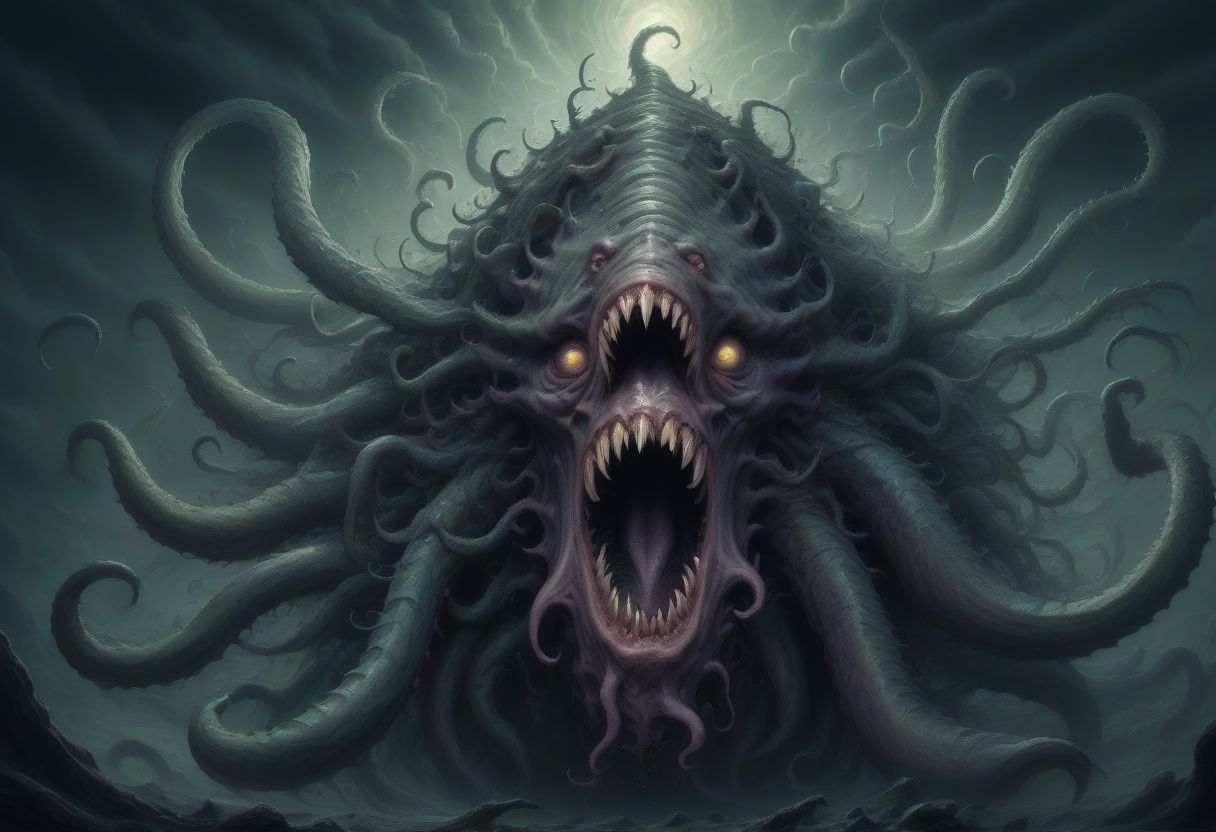 Lovecraft abomination looms in the shadows, its form defying earthly logic. Tentacles writhe from its grotesque body, each ending in an eye that gazes into infinity. Its maw, filled with rows of razor-sharp teeth, drips with otherworldly ichor. Its presence radiates an aura of cosmic dread, driving mortal minds to the brink of insanity. Capture the eldritch horror and incomprehensible terror it embodies Nightmare color palette. DEVIL SPAWN