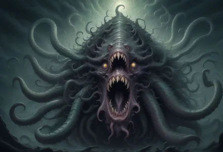 Lovecraft abomination looms in the shadows, its form defying earthly logic. Tentacles writhe from its grotesque body, each ending in an eye that gazes into infinity. Its maw, filled with rows of razor-sharp teeth, drips with otherworldly ichor. Its presence radiates an aura of cosmic dread, driving mortal minds to the brink of insanity. Capture the eldritch horror and incomprehensible terror it embodies Nightmare color palette. DEVIL SPAWN