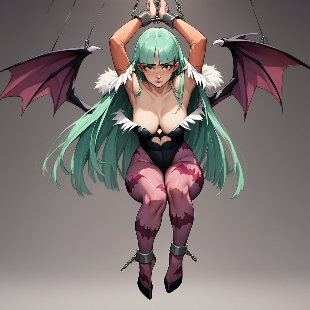 score_9, score_8_up, score_8, (source_anime), hanging_suspension, BREAK, Morrigan Aensland, restrained, bound wrists, blush, perfect face, 1woman, 22 years old, MorriganAe, hime_cut, emerald_green hair, green eyes, blunt bangs, fur trim, bridal gauntlets, print pantyhose, bat print, cleavage, hanging_suspension, BREAK, 1woman, bondage, bdsm, suspension, standing, arms_up, cuffs, bound_wrists, upright_restraints, standing_restraints, tiptoes, straight_legs, feet_dangling