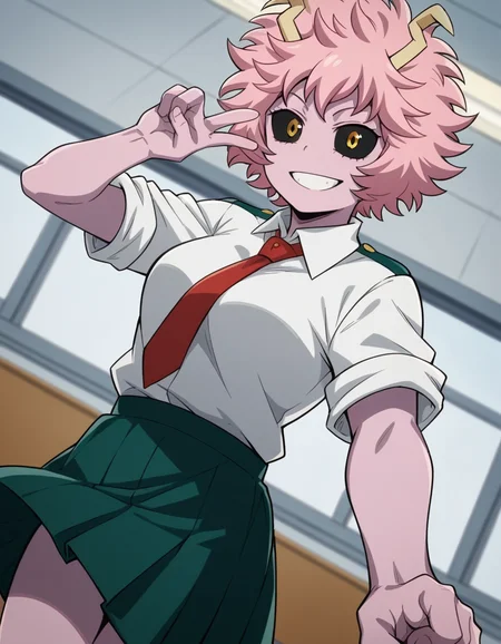 score_9, score_8_up, score_7_up, source_anime,
<lora:mina-ashido-anime-ponyxl-lora-nochekaiser:1>, mina ashido, short hair, medium breasts, yellow eyes, pink hair, horns, colored skin, colored sclera, black sclera, pink skin,
skirt, shirt, school uniform, short sleeves, necktie, red necktie, u.a. school uniform, rolled-up sleeves, green skirt, collared shirt,
classroom, smile, v,
looking at viewer, cowboy shot, dutch angle, solo,