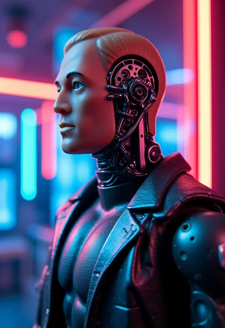 A hyper-realistic upper body portrait of GI Joe as a futuristic cyborg, shot with an Arri Alexa LF using a Zeiss Master Prime 50mm lens. His robotic carbon fiber body gleams under the ambient, multi-colored neon lights of a high-tech room. Part of his human face is removed, revealing intricate mechanical details underneath. The shallow depth of field emphasizes his half-human, half-machine expression while the futuristic room glows in vibrant hues of blue, red, and purple, inspired by Roger Deakins' use of color and texture in Blade Runner 2049. <lora:Gi-Joe_Flux:1> <lora:Dever_Flux_Enhancer:0.5>