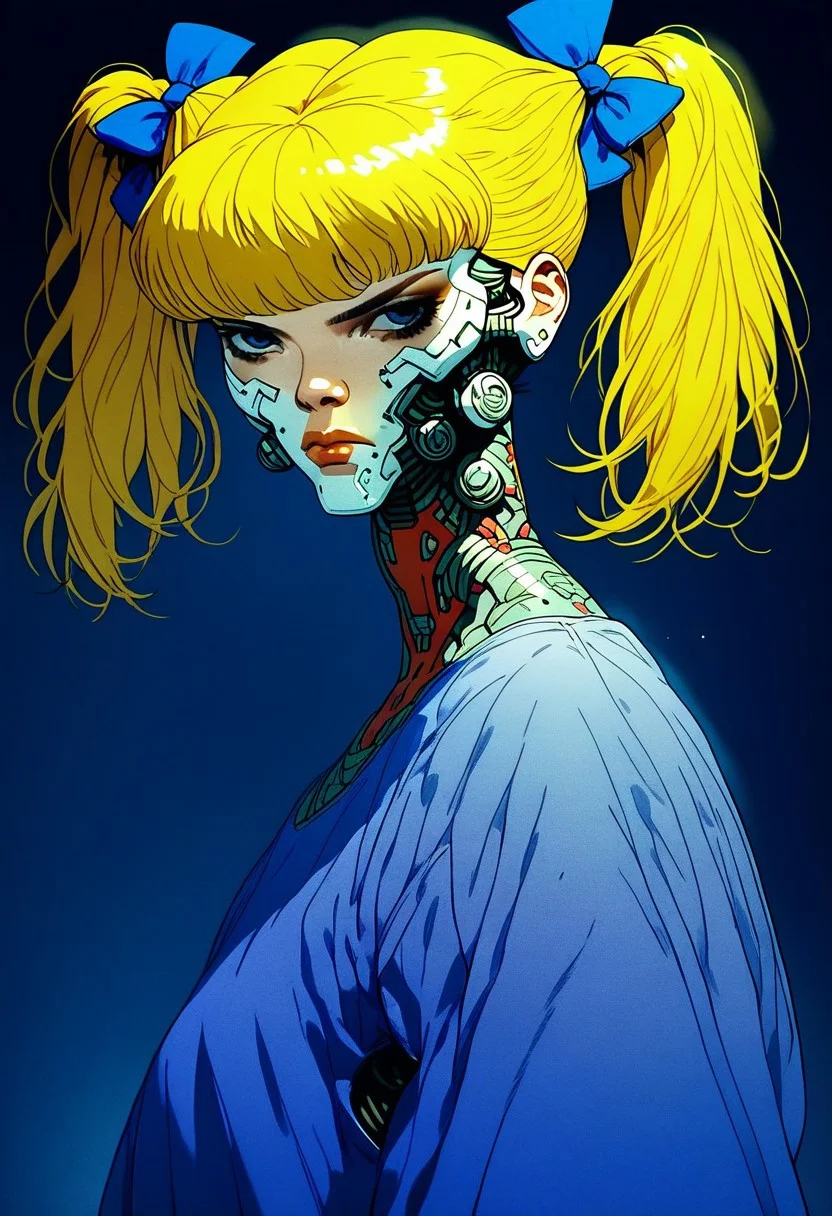 score_9, score_8, score_7, 1girl, solo, blonde hair, twintails, purple dress, hair bow, knva, halftone effect, cyberpunk, cyborg, adult woman, flat colour,