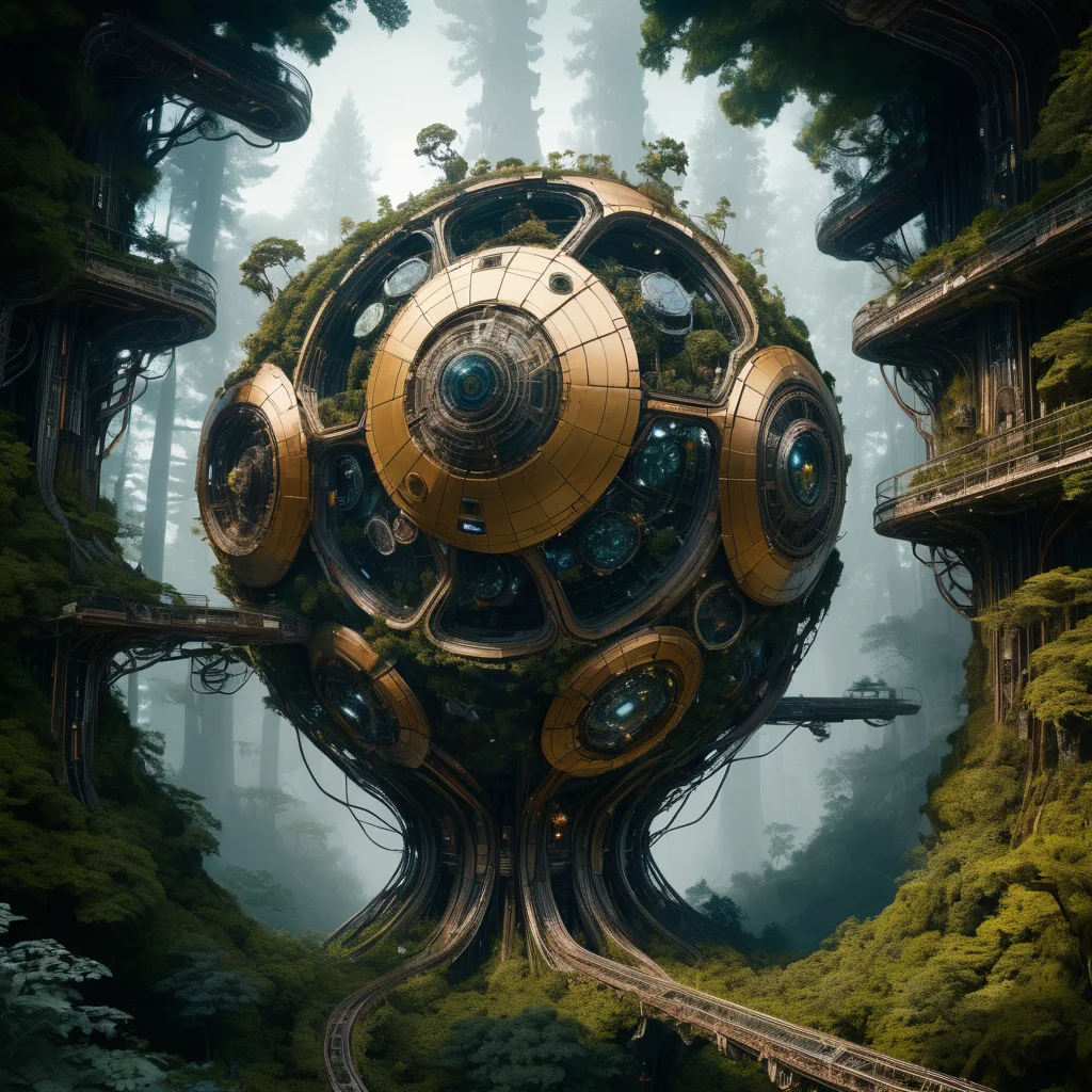 Biomorphic stunning abondend space station ruin in forest biomechanical interface maximalist perfect illustration, digital painting art, scifi, futuristic, utopian, machine parts, body parts, wires, circuits, highly detailed, floral, octane render, cinematic, aerial look from above, hauntingly surreal, highly detailed and intricate, rich deep colors, intricate artwork masterpiece, ominous, matte painting movie poster, golden ratio, intricate, epic, artistic masterwork by head of prompt engineering <lora:xl_more_art-full_v1:0.5> <lora:add-detail-xl:2>