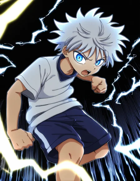 masterpiece, best quality, boysfactory-style, koemixpi-style, black background, backlighting, depth of field, 1boy, solo, Killua Zoldyck, White hair, blue eyes, looking at viewer, white shirt, blue shorts, electricity, glowing eyes, spiked hair, power pose, clenched hands, open mouth, motion lines <lora:boys_factory_NaXLeps_v4f-ShoAI:0.7> <lora:koe-mixpi_naiXL_v3b_ShoAI:0.7>