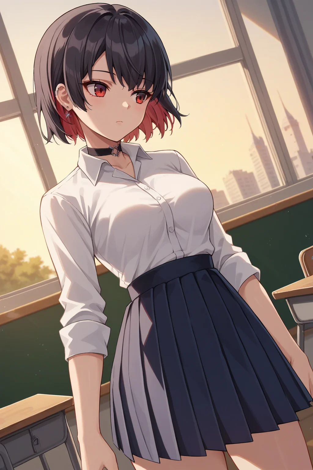 score_9, score_8_up, score_7_up, source_anime, 1girl, prefect lighting, very aesthetic, intricate details, highly detailed background, masterpiece, high quality, prefect hands, best quality, solo,
<lora:Ellen_Joe_ZZZ_V1:.85>, KJOellen, short hair, multicolored hair, black hair, red eyes, ear piercing,
school uniform, white collared shirt, black pleated skirt, choker,
cowboy shot, dutch angle, shrugging, looking to the side, head tilt,
classroom, windows, dawn,
(Beautiful, medium Breasts:1.2), natural breasts,