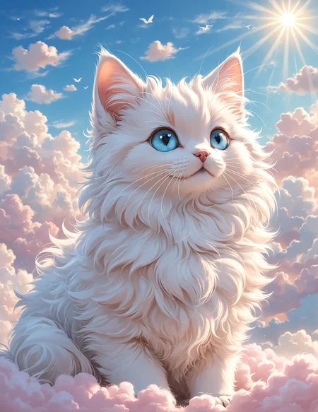 cloud art, cute animals made from clouds, fluffy kittens, cloud fur, playful puppies, soft lighting, pastel colors, whimsical, dreamy sky, detailed, high contrast, hyper-realistic, serene atmosphere, imaginative, gentle, warm sunlight, high-definition