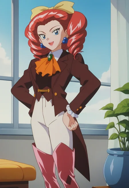 score_9, score_8_up, score_7_up, score_6_up, anime screencap, anime coloring, <lora:PMJessebelle_epoch_7:0.8>, PMJessebelle, blue eyes, red hair, drill hair, yellow bow, hair bow, earrings, lipstick, pink lips,
brown jacket, orange ascot, white pants, thigh boots, high heel boots,
looking at viewer, seductive smile, open mouth, hand on own hip, 
BREAK day, sunlight, indoors, window,