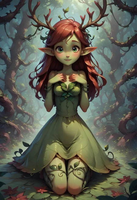 score_9, score_8_up, score_7_up, 1girl, dryad, cute, adorable, antlers, leaf sundress, kneeling, pointed ears, green eyes, looking at viewer, trees, forest, branch, leaf, vines, overgrowth, wrapped in vines, monster girl