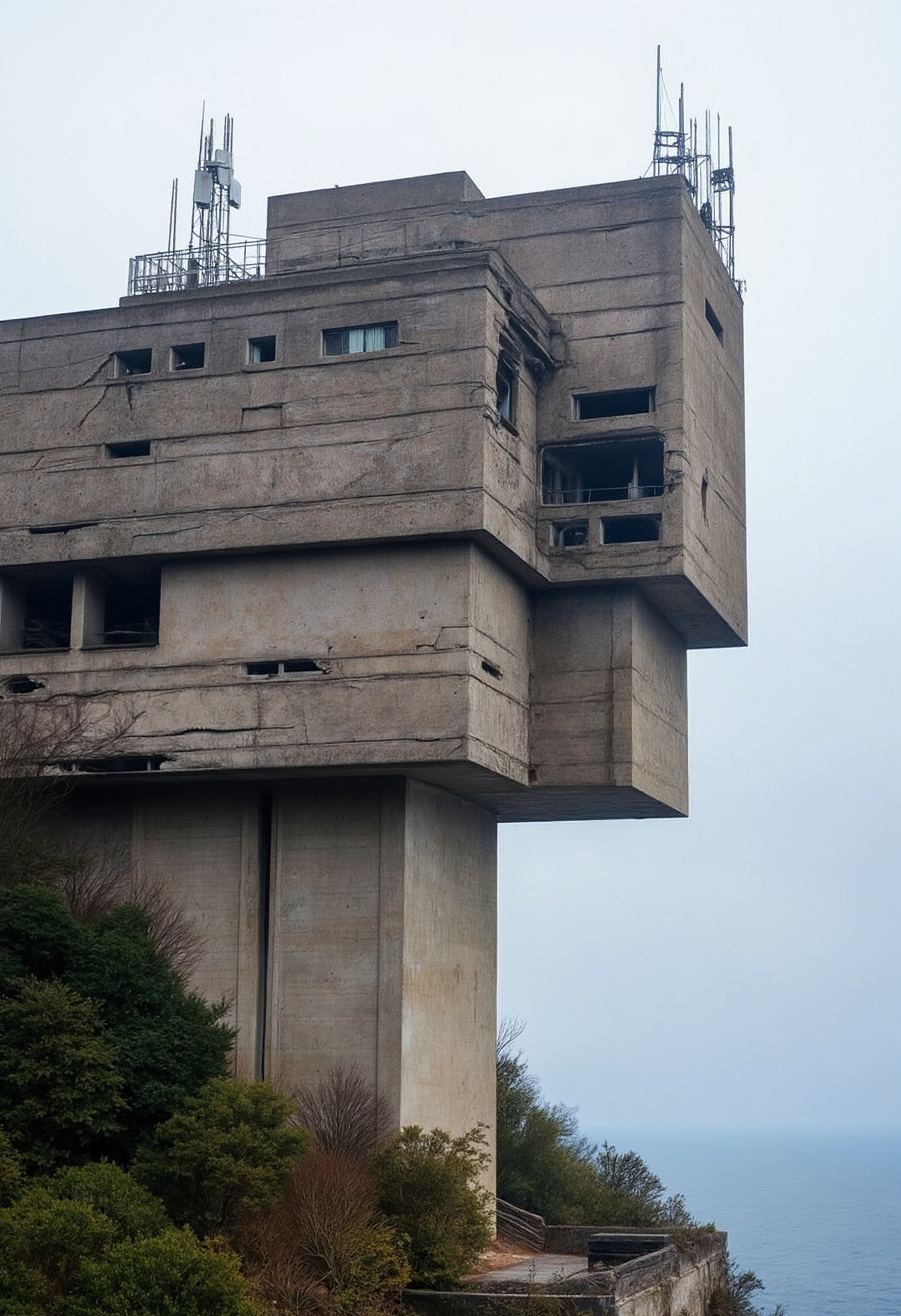 A brutalist massive building on a hill overlooking the ocean. Its walls are mouldy and decayed, and in some places the facade has fallen and chipped away. Some antennas are visible on the top of the building. The atmosphere is dark and moody.