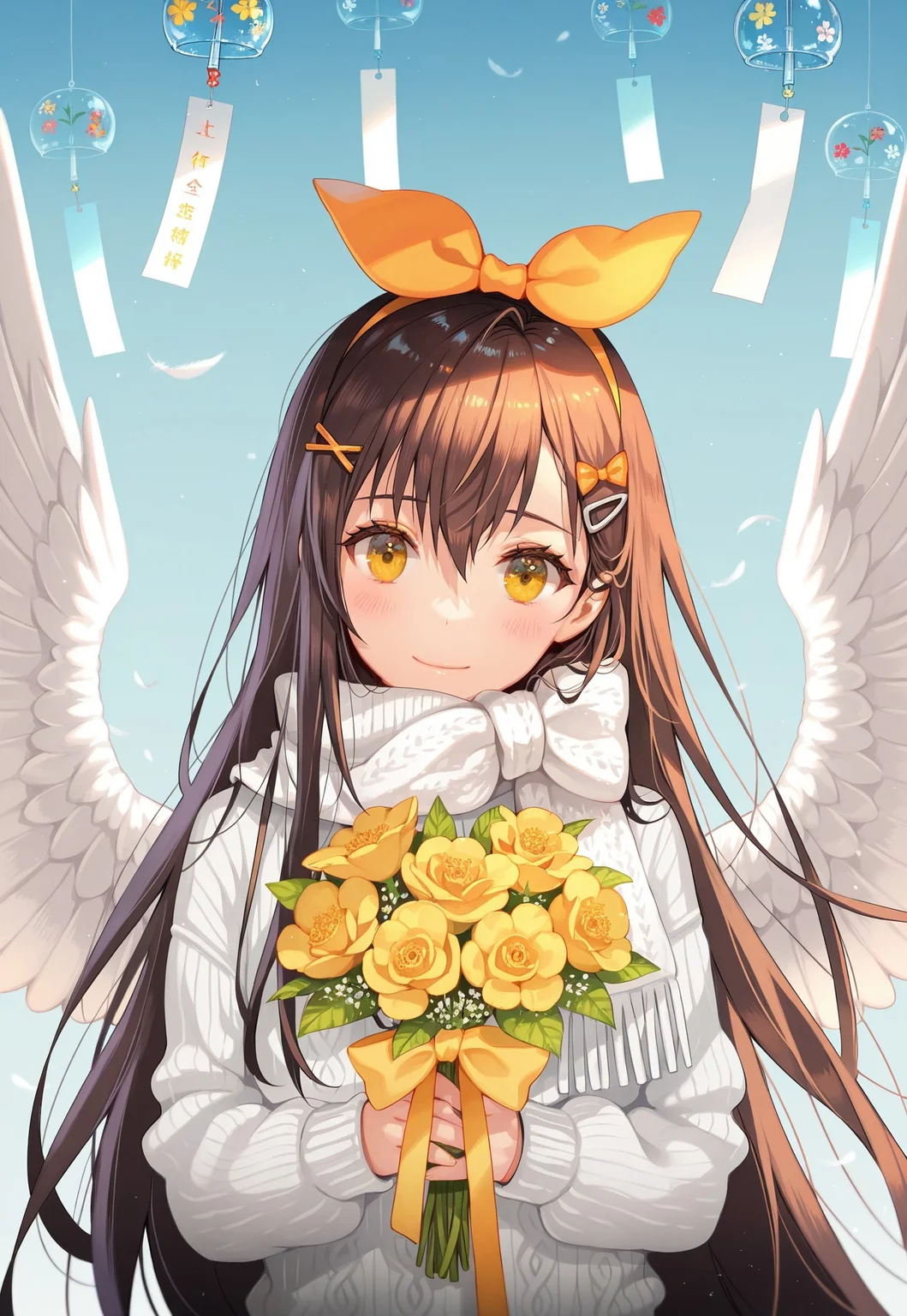 tokkyu,chenbin,ask \(askzy\),tidsean,kasumi \(skchkko\),hiten \(hitenkei\),mika pikazo,
1girl, wind chime, solo, flower, long hair, wings, scarf, bow, holding, hair ornament, smile, looking at viewer, hair bow, closed mouth, yellow eyes, brown hair, yellow bow, white wings, upper body, hair between eyes, long sleeves, white scarf, hairclip, bouquet, orange bow, white sweater, angel wings, sweater, very long hair, virtual youtuber, feathered wings light censor, blush, floating hair, yellow flower, holding bouquet, head tilt, .
,masterpiece,best quality,amazing quality,