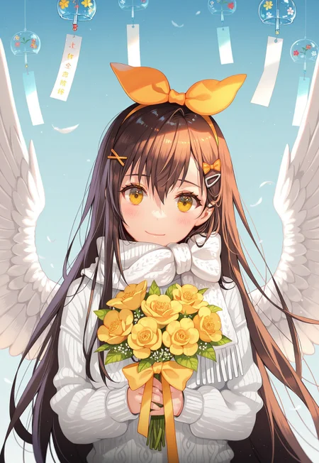 tokkyu,chenbin,ask \(askzy\),tidsean,kasumi \(skchkko\),hiten \(hitenkei\),mika pikazo,
1girl, wind chime, solo, flower, long hair, wings, scarf, bow, holding, hair ornament, smile, looking at viewer, hair bow, closed mouth, yellow eyes, brown hair, yellow bow, white wings, upper body, hair between eyes, long sleeves, white scarf, hairclip, bouquet, orange bow, white sweater, angel wings, sweater, very long hair, virtual youtuber, feathered wings light censor, blush, floating hair, yellow flower, holding bouquet, head tilt, .
,masterpiece,best quality,amazing quality,

