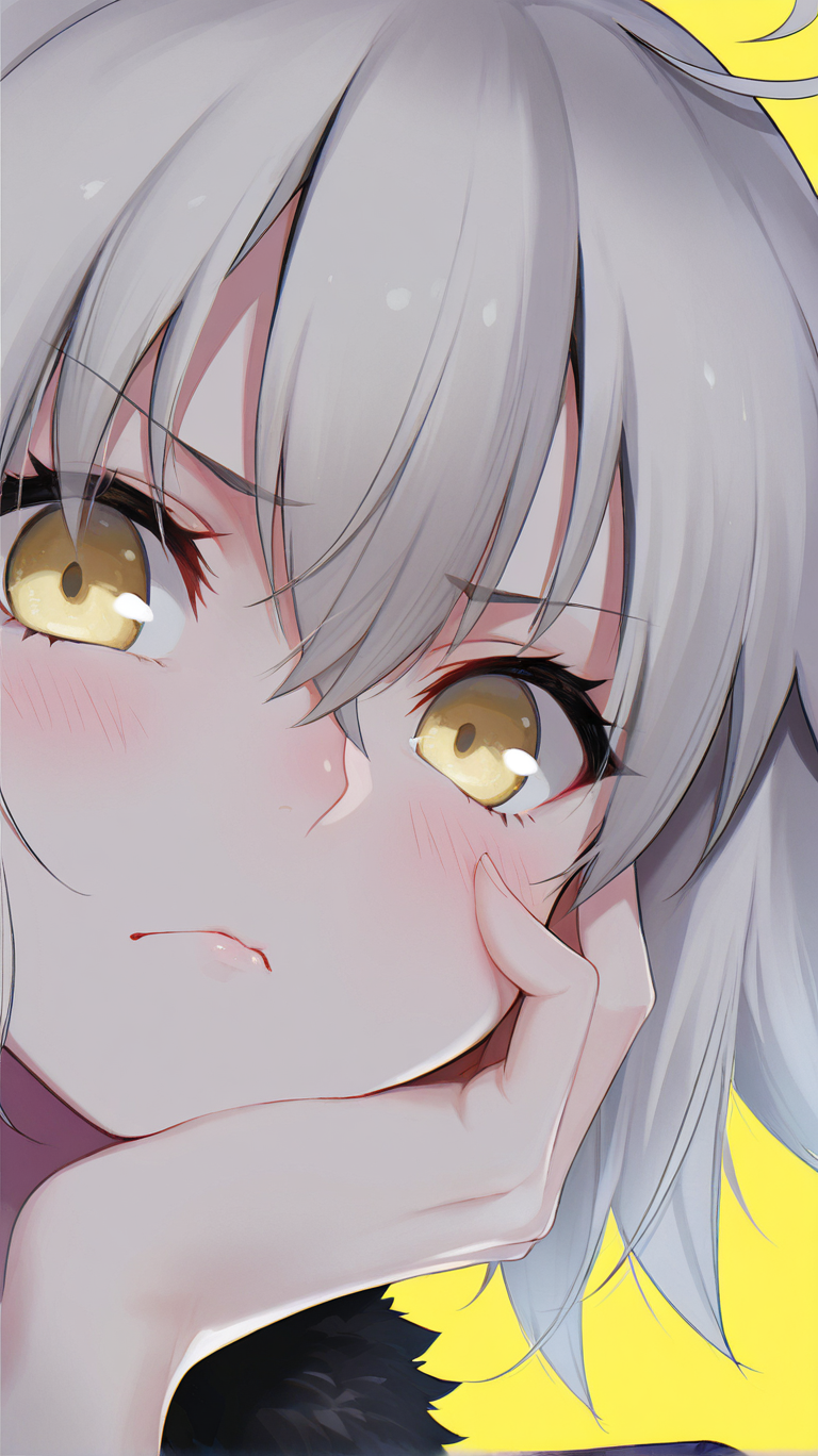 jeanne_d'arc_alter_\(fate\), jeanne_d'arc_alter_\(ver._shinjuku_1999\)_\(fate\), 1girl, solo, looking_at_viewer, blush, short_hair, bangs, closed_mouth, yellow_eyes, ahoge, grey_hair, official_alternate_costume, fur_trim, portrait, hand_on_own_face, head_rest, hand_on_own_cheek