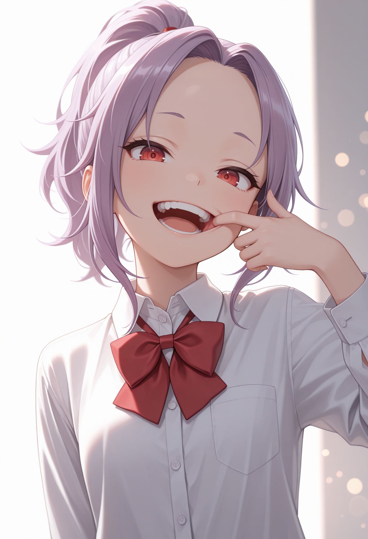 masterpiece,best quality,absurdres,highres,very aesthetic,high quality,detailed,insanely detailed,beautiful,perfect lighting, ,depth of field,blurry background,bokeh, looking at viewer, 
 <lora:Sazanka Illu:1> 1girl, purple hair, parted bangs, ponytail, red eyes, forehead,  
1girl, white background, white shirt, simple background, red bow,, open mouth, looking at viewer,  upper body, collared shirt, red bowtie, school uniform, teeth, smile, hand up, mouth pull, long sleeves, forehead, :d