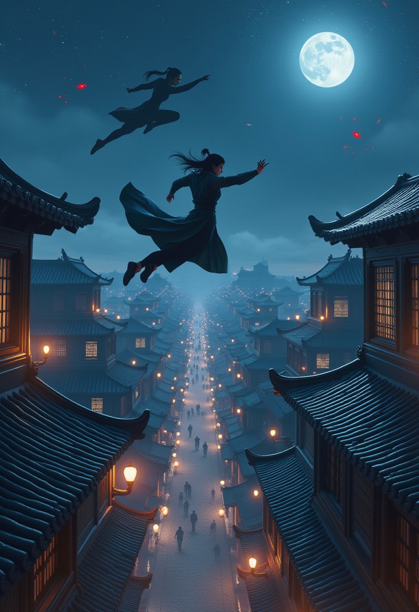 wuxia,
Nighttime rooftop chase scene with agile warriors leaping between traditional Chinese buildings, tiled roofs gleaming in moonlight, lanterns casting warm glows, dynamic poses showing mid-leap actions, billowing clothes, city sprawl visible in background, star-filled sky, motion lines to indicate speed, high contrast night photography style
