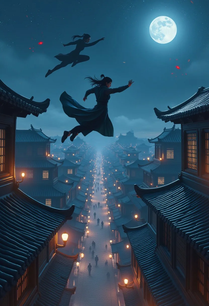 wuxia,
Nighttime rooftop chase scene with agile warriors leaping between traditional Chinese buildings, tiled roofs gleaming in moonlight, lanterns casting warm glows, dynamic poses showing mid-leap actions, billowing clothes, city sprawl visible in background, star-filled sky, motion lines to indicate speed, high contrast night photography style