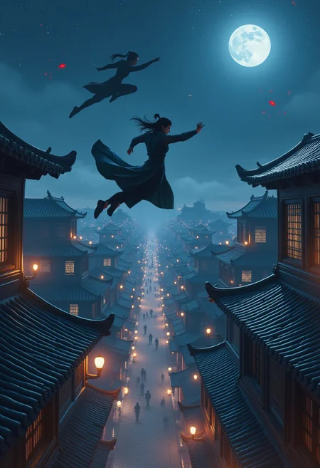 wuxia,
Nighttime rooftop chase scene with agile warriors leaping between traditional Chinese buildings, tiled roofs gleaming in moonlight, lanterns casting warm glows, dynamic poses showing mid-leap actions, billowing clothes, city sprawl visible in background, star-filled sky, motion lines to indicate speed, high contrast night photography style
