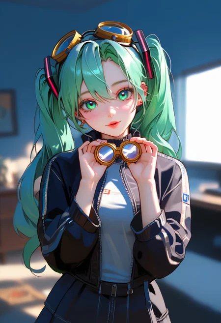 <lora:cr33pp41ntXLP:1> score_9, score_8_up, Television advertisement Hollywood Cinematic Film style, score_9, score_8_up, score_7_up, best quality, high definition, vivid lighting, perfect details, source_anime, depth of field, sketch, sharp focus, soft lighting, hdr, good composition, spectacular, <lora:wanostyle_2_offset:1>, volumetric lighting, bloom, gaussian blur, absurd, absurdres, raytracing, 3>lora in weight of: 1.5 + detailed eyes, detailed face, Castlevania_Style, Castlevania Style, partially illuminated, <lora:DetailMaximizer:1> <lora:SDXLFaeTastic2400:1> Faetastic <lora:TheWeirdies_V2:0.9> theW3iRDi3Sv2, OverallDetail
BREAK
Solo, female, (hatsune miku), short, pretty eyes, perfect face, oooh, curious expression, wearing goggles, thick goggles, bedroom eyes, cyber Dystopian, shadowrun, Enigmatic girl draped in shadows, wearing a detailed, black, polyester jacket, punk jacket, twin tails, green hair, Partially obscured face, revealing only piercing eyes adorned with kohl.arcane energy aura, sexy body, side view, cowboy shot, masterpiece, ultra-detailed, semi-realistic, hands up, holding goggles, hands in front of eyes,