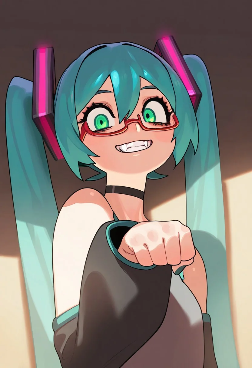 COLIG_ST, masterpiece, best quality, very aesthetic, high resolution, ultra-detailed, absurdres, newest, extremely detailed eyes, beautiful, perfect lighting, hi res, amazing quality, very awa, Brightly Lit, Highly Visible, 8k, sharp focus, beautiful, perfect lighting, volumetric lighting, scenery, painting_(artwork), aqua hair, green eyes, red-framed eyewear, teeth, fangs, black choker, hatsune miku, paw pose, hatsune miku