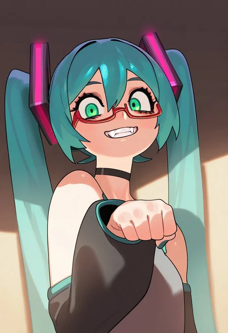 COLIG_ST, masterpiece, best quality, very aesthetic, high resolution, ultra-detailed, absurdres, newest, extremely detailed eyes, beautiful, perfect lighting, hi res, amazing quality, very awa, Brightly Lit, Highly Visible, 8k, sharp focus, beautiful, perfect lighting, volumetric lighting, scenery, painting_(artwork), aqua hair, green eyes, red-framed eyewear, teeth, fangs, black choker, hatsune miku, paw pose, hatsune miku