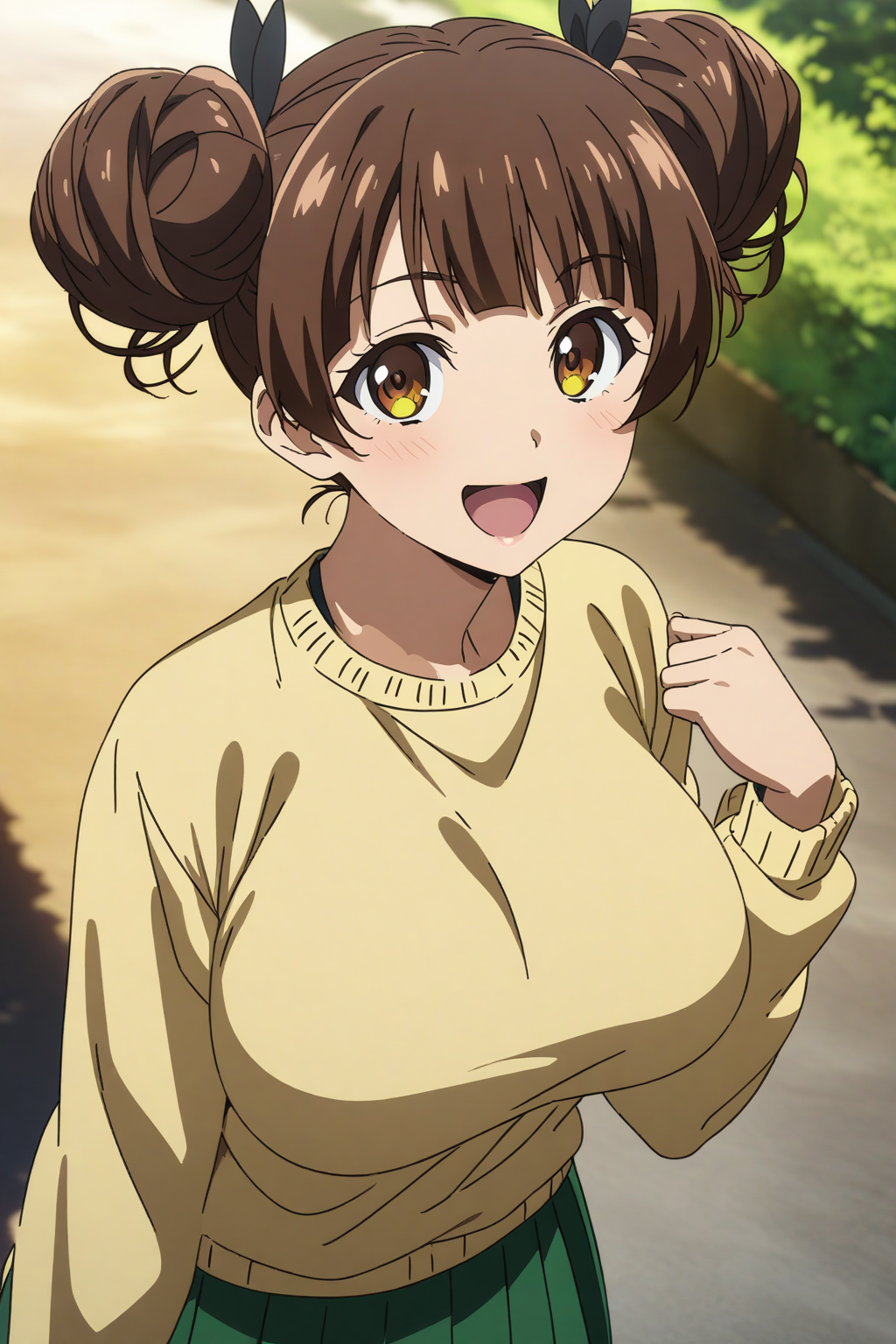 fujinoki_nene, brown hair, brown eyes, large breasts, twin hair buns, inner white shirt, yellow sweater, portrait, smile, open mouth, green skirt, pleated skirt, cowboy shot, looking at viewer, anime coloring, <lora:XL-FujinokiNene:1>, (masterpiece),(best quality),(ultra-detailed),(best illustration),(best shadow),(absurdres),(detailed background),(very aesthetic),