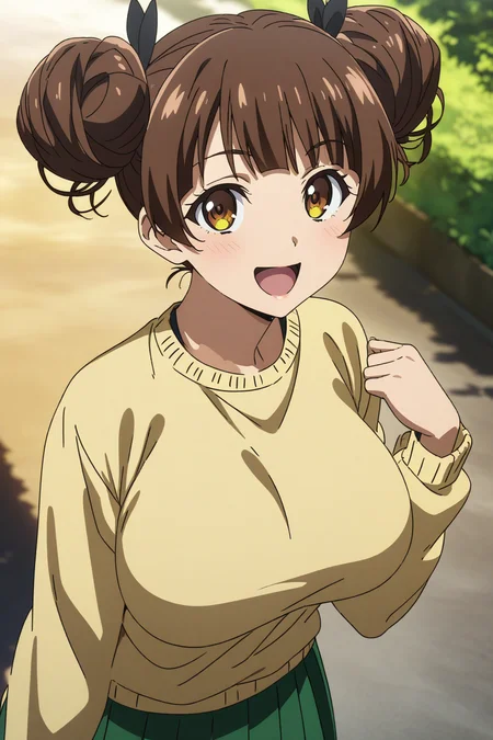 fujinoki_nene, brown hair, brown eyes, large breasts, twin hair buns, inner white shirt, yellow sweater, portrait, smile, open mouth, green skirt, pleated skirt, cowboy shot, looking at viewer, anime coloring, <lora:XL-FujinokiNene:1>, (masterpiece),(best quality),(ultra-detailed),(best illustration),(best shadow),(absurdres),(detailed background),(very aesthetic),