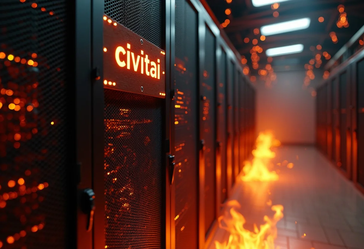 a server room stands on fire , highly detailed, masterpiece, a sign with the word "civitai" is on the server panel