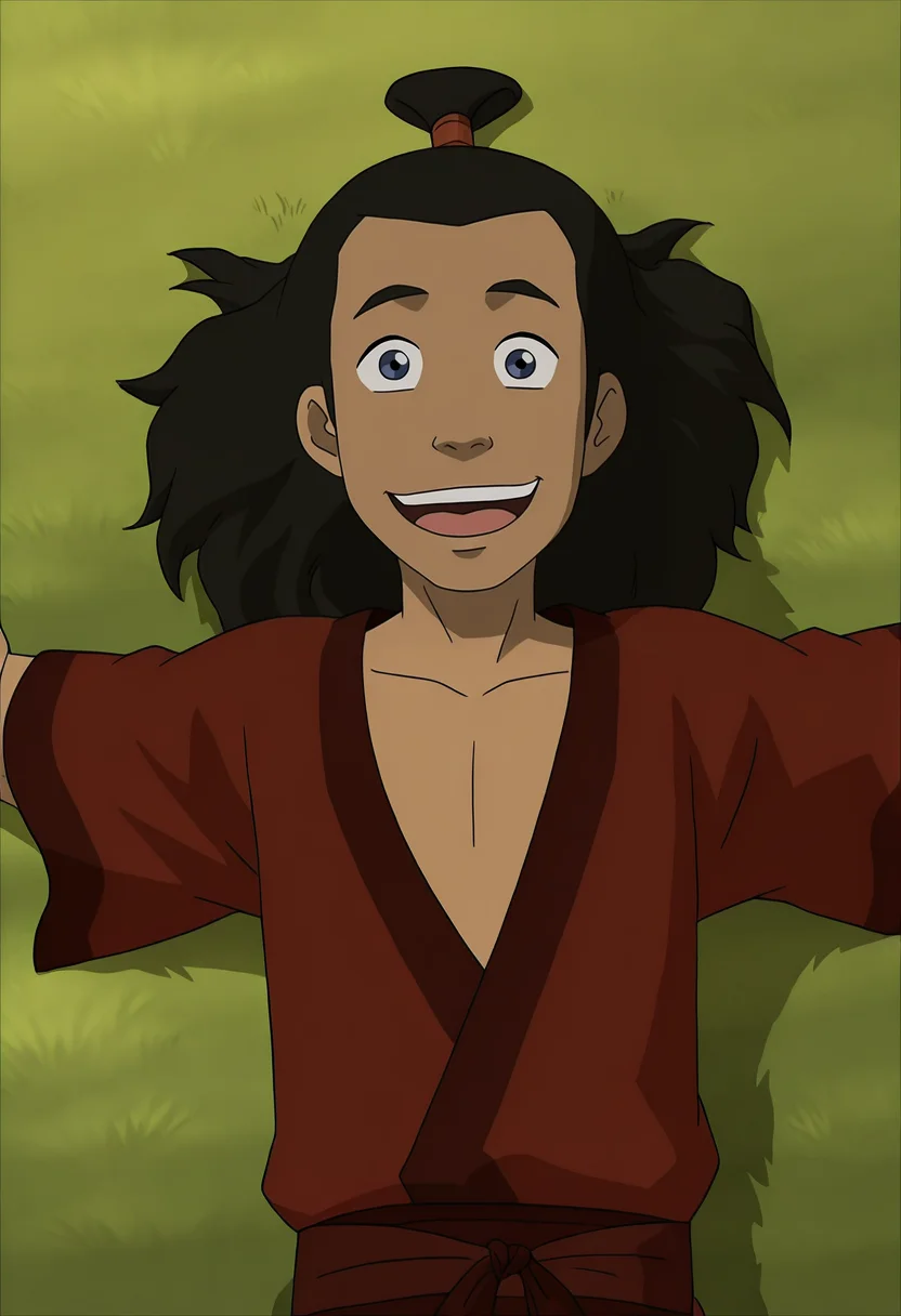 In the Avatar Animation style, solo, long hair, smile, open mouth, black hair, 1boy, Young Roku, male focus, lying, on back, grass, topknot
<lora:Avatar-Anime-Style2:1>,