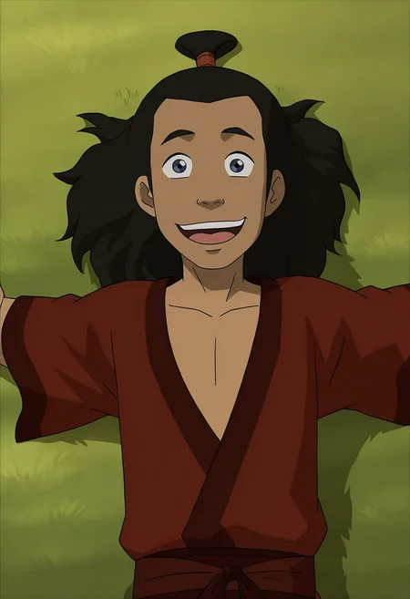 In the Avatar Animation style, solo, long hair, smile, open mouth, black hair, 1boy, Young Roku, male focus, lying, on back, grass, topknot
<lora:Avatar-Anime-Style2:1>,