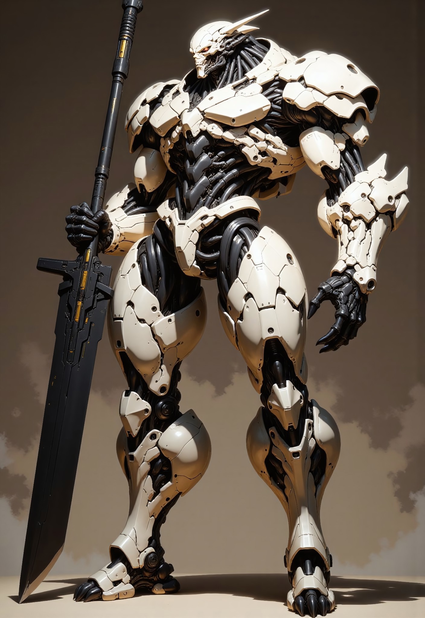 highest details, ultra hyper realism. highly detailed and realistic. intricate and highly professional artwork, an absolute masterpiece.

This is a high-quality painting featuring a futuristic, muscular biomechanic robot with a sleek, white armor. The robot has a broad, powerful build, with exaggerated, segmented armor plating covering its entire body, including its head, which is helmet-like and featureless. It stands confidently with one arm gripping a massive, dark canon. The background is a plain, muted  dark sepia, and the lighting is dramatic, casting sharp shadows. The robotas design is reminiscent of sci-fi and mecha genres, with a high level of detail in the armor's texture and mechanical joints. The image is a full-body shot, showcasing the robot's elegant, supple yet lethal  stature and intricate design. The aesthetic quality is very high, with a sharp focus on the robot, emphasizing the subject.
<lora:artics_epoch_15:1>  in the style of artics